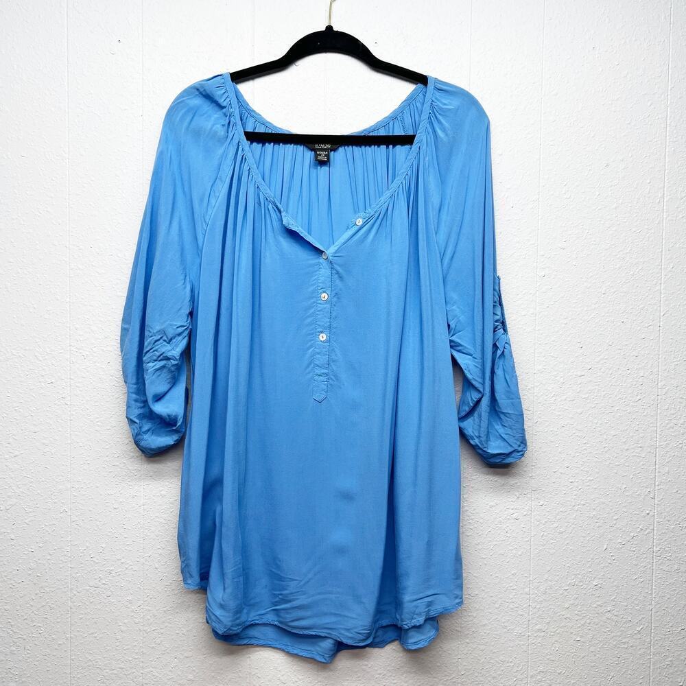 Intro. Casual Elegance 1/2 Button Womens Top 2X Longline 3/4 Roll Tab Sleeves